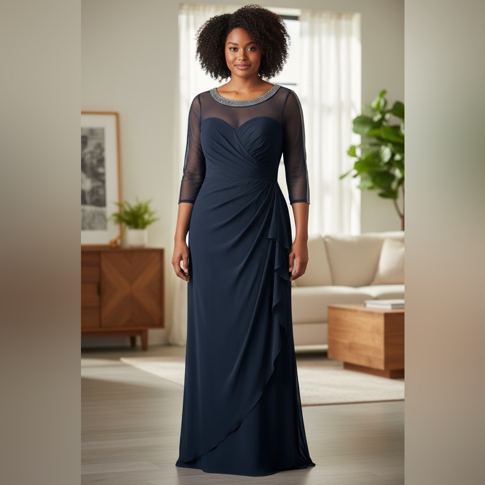 Elegant Navy Blue rhinestone neckline Ruched Gown